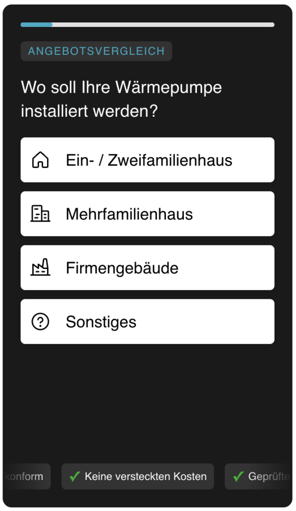 Auswahloptionen zur Installation einer Wärmepumpe: Einfamilienhaus, Mehrfamilienhaus, Firmengebäude, Sonstiges.