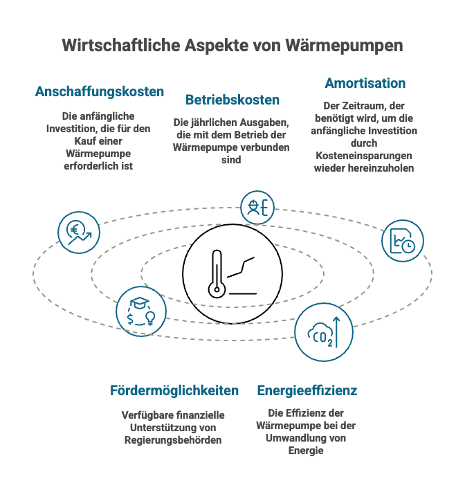 Diagramm der wirtschaftlichen Aspekte von Wärmepumpen: Anschaffungs-, Betriebs-, und Amortisationskosten, Fördermöglichkeiten.