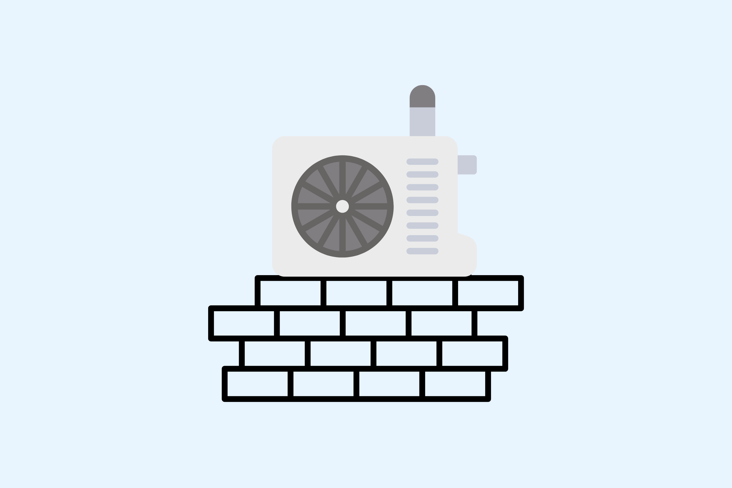 Illustration einer Wärmepumpe auf einem Fundament, energiesparende Heiztechnologie für umweltfreundliche Wohngebäude.