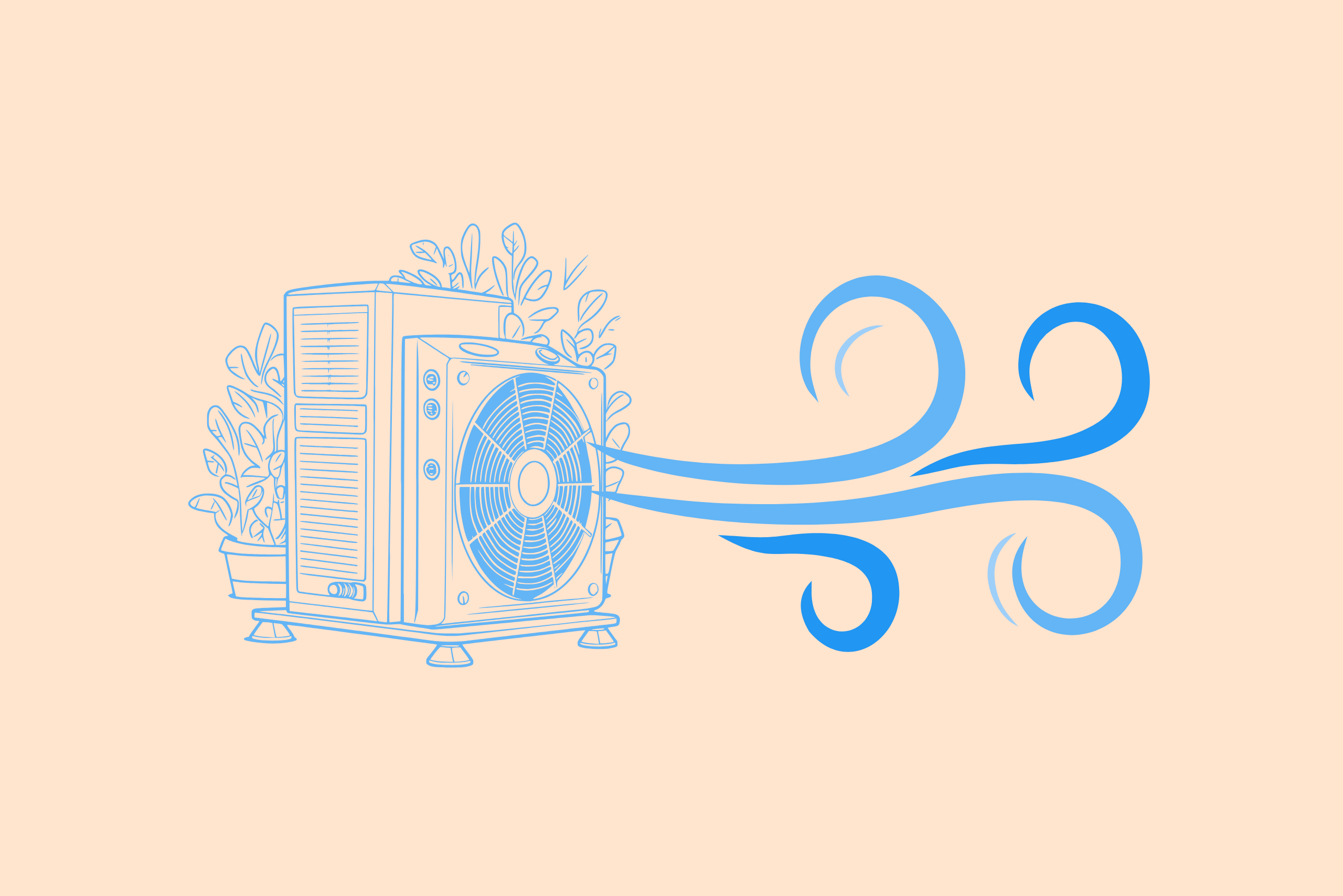 Illustration einer Wärmepumpe, das blauen Luftstrom abgibt, umgeben von Pflanzen auf beigefarbenem Hintergrund. Alles zur Luft Luft Wärmepumpe Förderung finden sie hier.