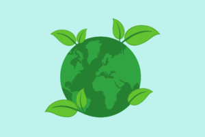 Grüne Erde mit Blättern, die Nachhaltigkeit und umweltfreundliche Konzepte symbolisieren. Eine Luft Wasser Wärmepumpe hilft dabei, die eine Umweltfreundliche Umgebung zu schaffen.