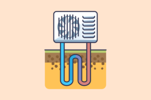 Diagramm einer Wasser Wasser Wärmepumpe mit Rohren im Boden zur Energiegewinnung und Heizung effizienter Häuser.