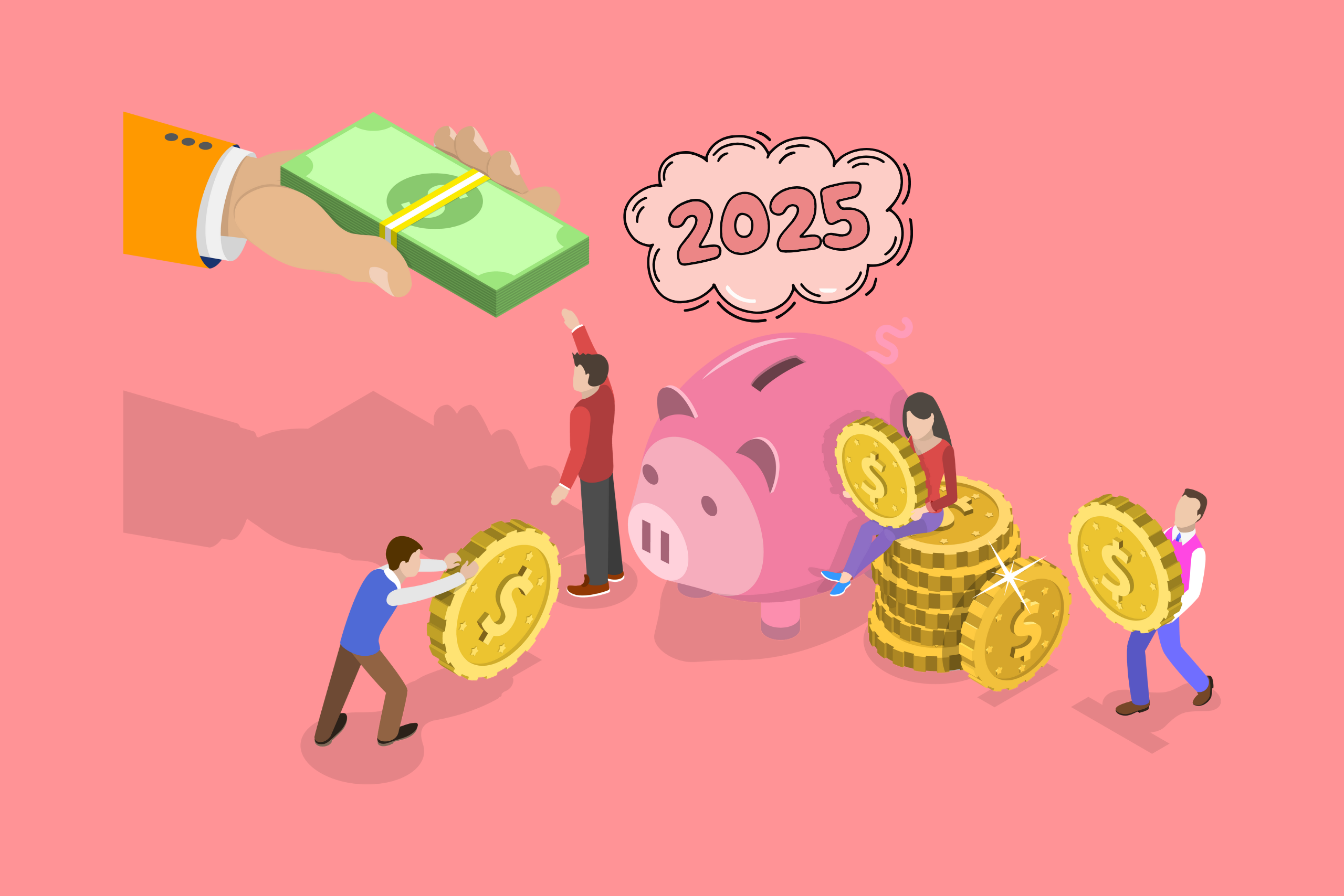 Illustration von Menschen, die Münzen und Geldschein bei einem Sparschwein tragen, auf rosa Hintergrund. Eine illustration der Förderung für eine Wärmepumpe 2025