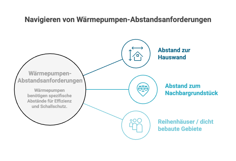 Infografik zu Wärmepumpen-Abstandsanforderungen: Hauswand, Nachbargrundstück, Reihenhäuser. Effizienz und Schallschutz.