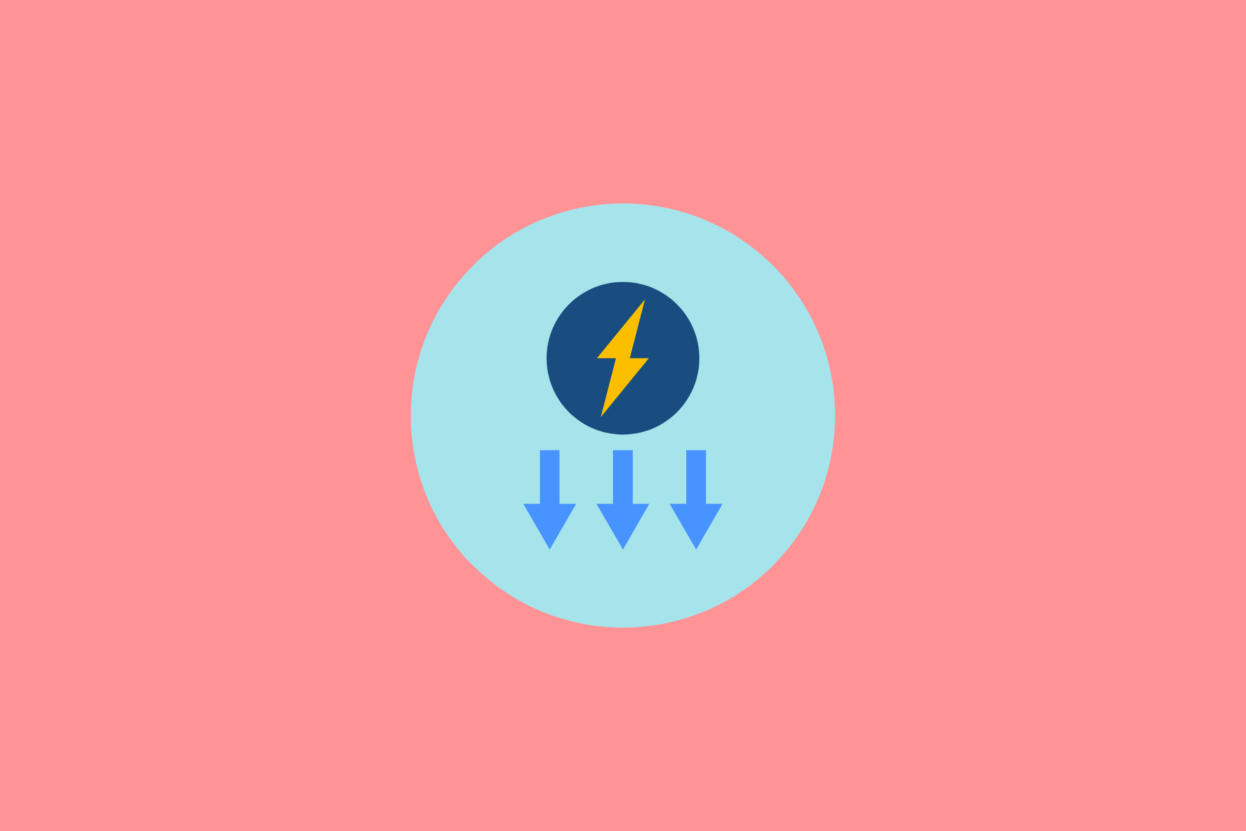 Symbol für Energie mit Blitz und Pfeilen, rosa Hintergrund, blauer Kreis. Das Thema "Wieviel Strom verbraucht eine Wärmepumpe im Jahr?" wird in diesem Beitrag erläutert.