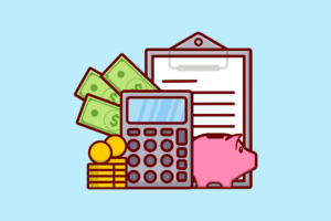Kalender, Taschenrechner, Sparschwein, Geldscheine und Münzen symbolisieren Finanzplanung und Budgetierung.