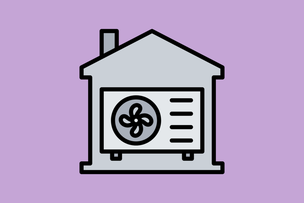 Hausgrafik mit Klimaanlage auf lila Hintergrund. Symbol für Hauskomfort und Kühlungstechnologie.