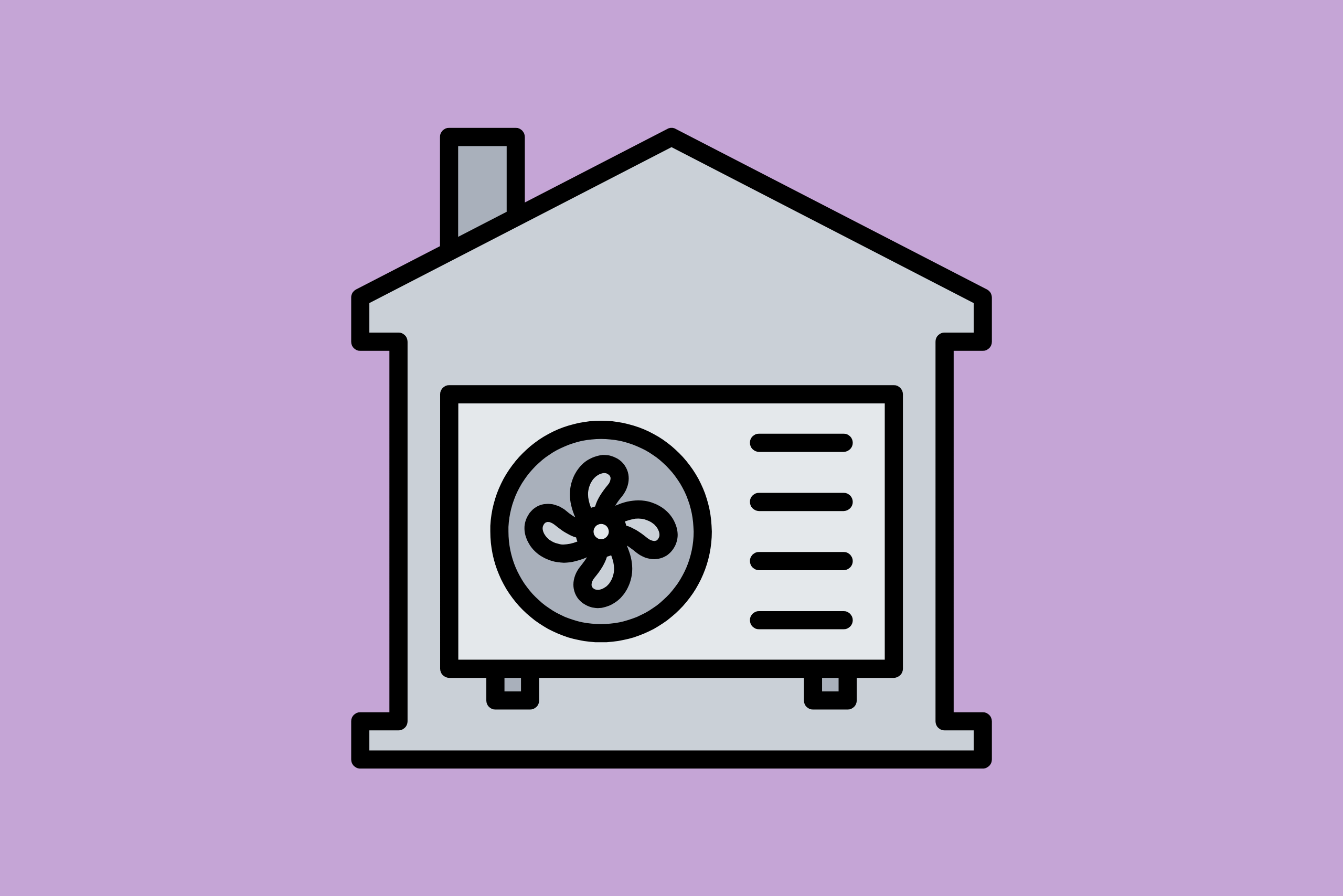 Hausgrafik mit Klimaanlage auf lila Hintergrund. Symbol für Hauskomfort und Kühlungstechnologie.