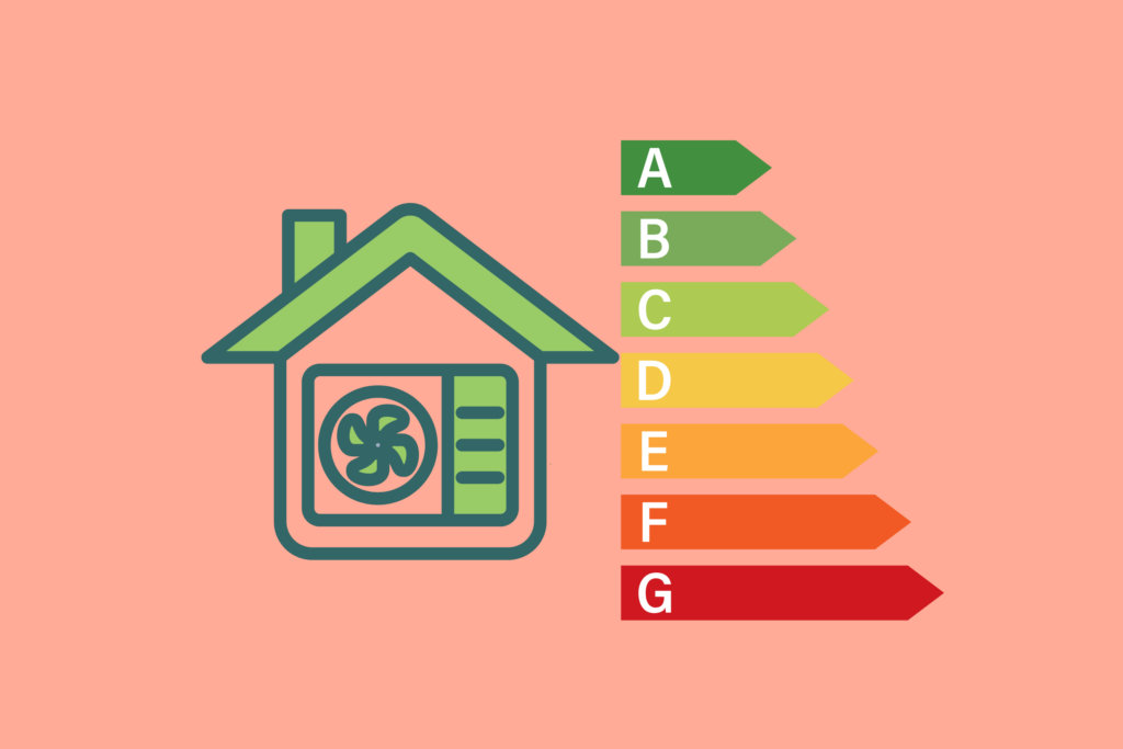 Energieeffizienz-Label und Haus-Symbol, grün bis rot. Stromsparende Gebäudetechnik.