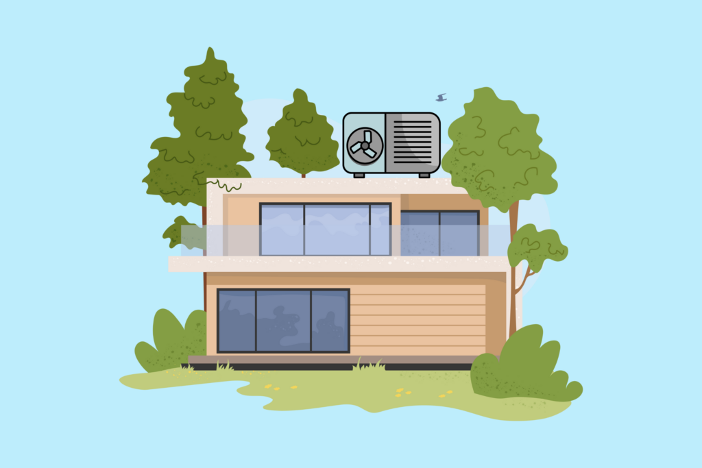 Modernes Haus mit Klimaanlage auf dem Dach, umgeben von Bäumen und blauen Himmel im Hintergrund.
