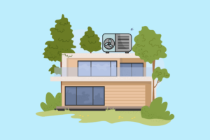 Modernes Haus mit Klimaanlage auf dem Dach, umgeben von Bäumen und blauen Himmel im Hintergrund.