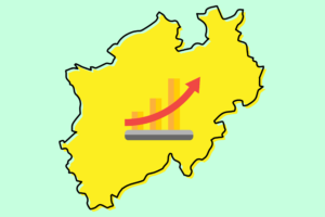 Gelbe Umrisskarte von NRW mit Balkendiagramm und Aufwärtspfeil, symbolisiert das Förderprogramm Progres.NRW.