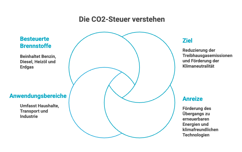 Diagramm zur Erklärung der CO2-Steuer mit Besteuerung, Anwendungsbereichen, Zielen und Anreizen für Klimaneutralität.