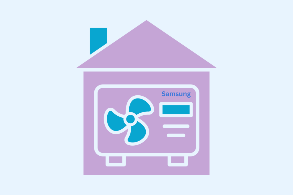 Haus mit eingebauter Samsung Wärmepumpe, lila und blaues Design, dargestellt als Grafik.